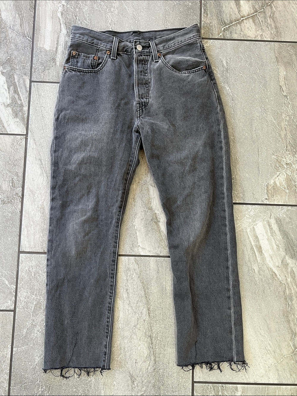 🩶 Levi's 501 Jeans Size 27 x 30 100% Cotton Grey Black Raw Hem Button Fly